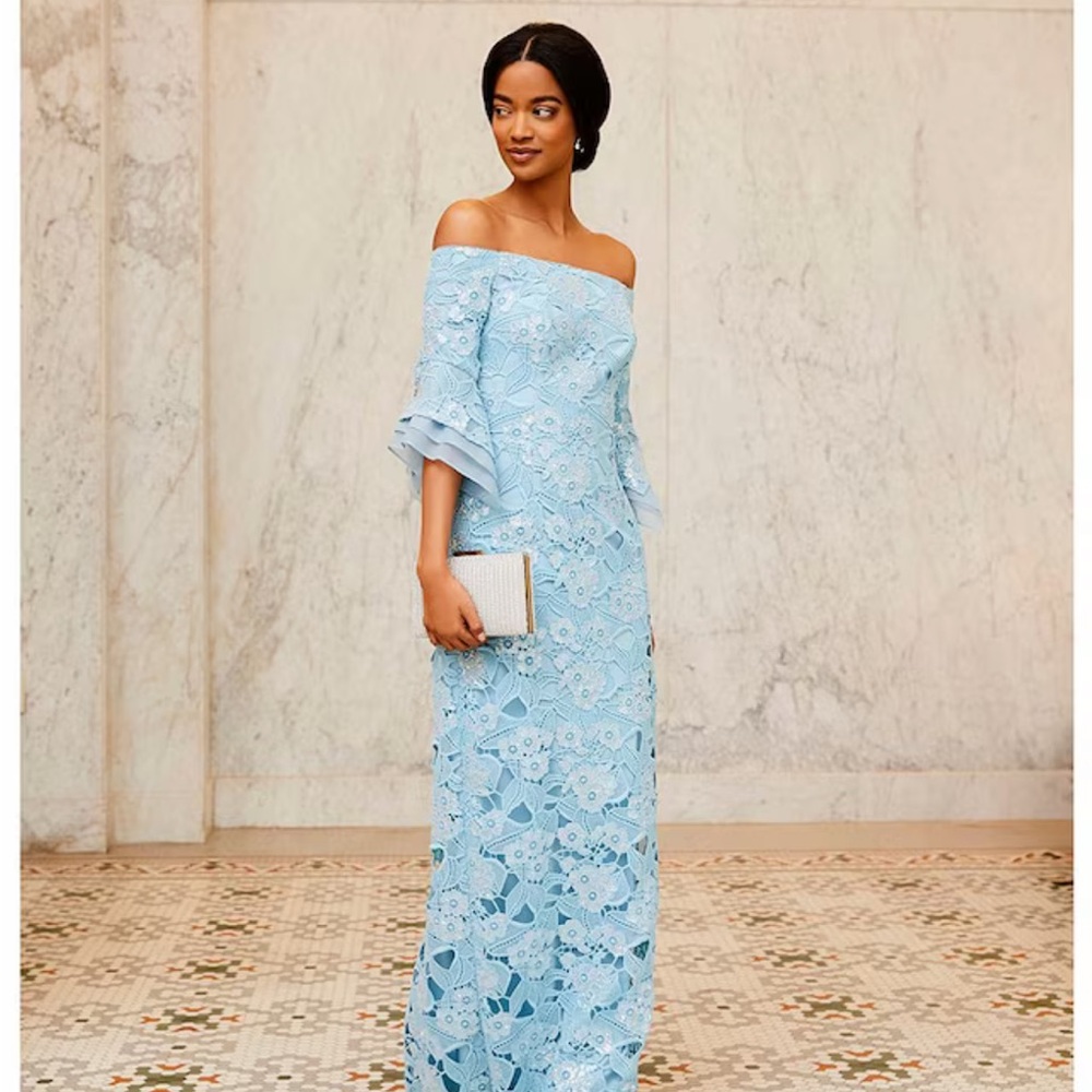 Adrianna Papell Light Blue Lace Off-Shoulder Dress